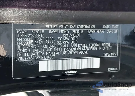 2008 Volvo Xc70 3.2 z USA, uszkodzony, nr VIN YV4BZ982181014937